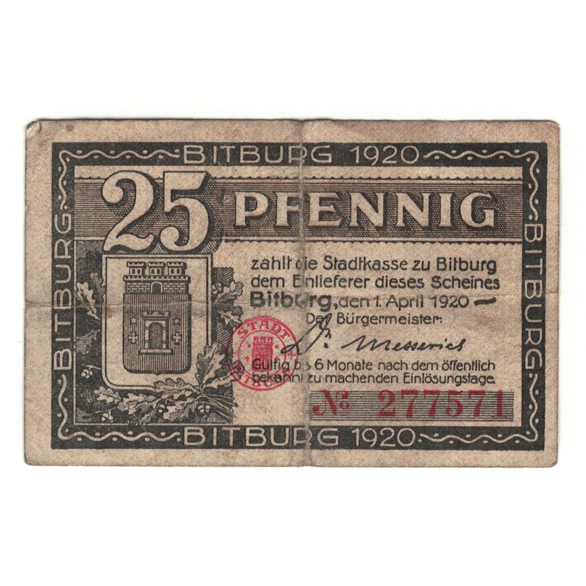 Banknot, Niemcy, Bitburg Stadt, 25 Pfennig, valeur faciale, 1920, 1920-04-01