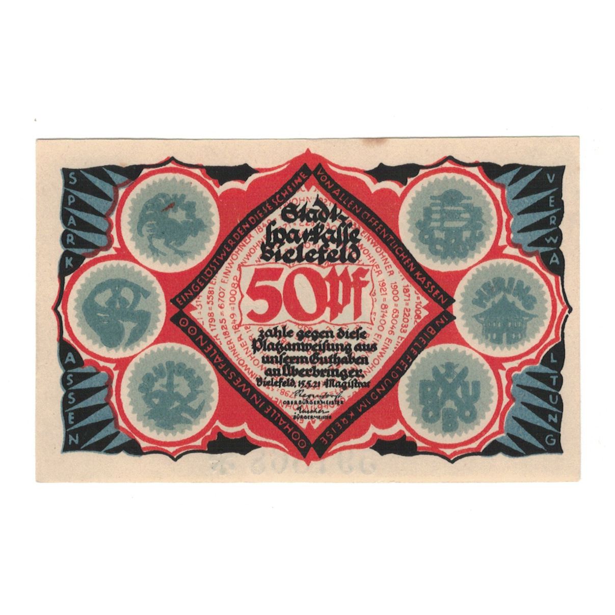 Banknot, Niemcy, Bielefeld Stadt, 50 Pfennig, personnage, 1921, 1922-10-01