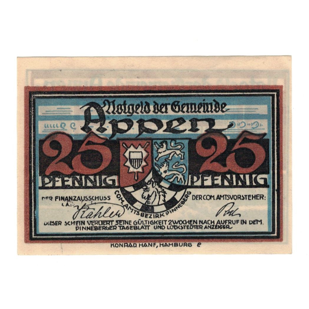 Banknot, Niemcy, Appen Gemeinde, 25 Pfennig, Blason, 1921, AU(55-58), Mehl:39.1