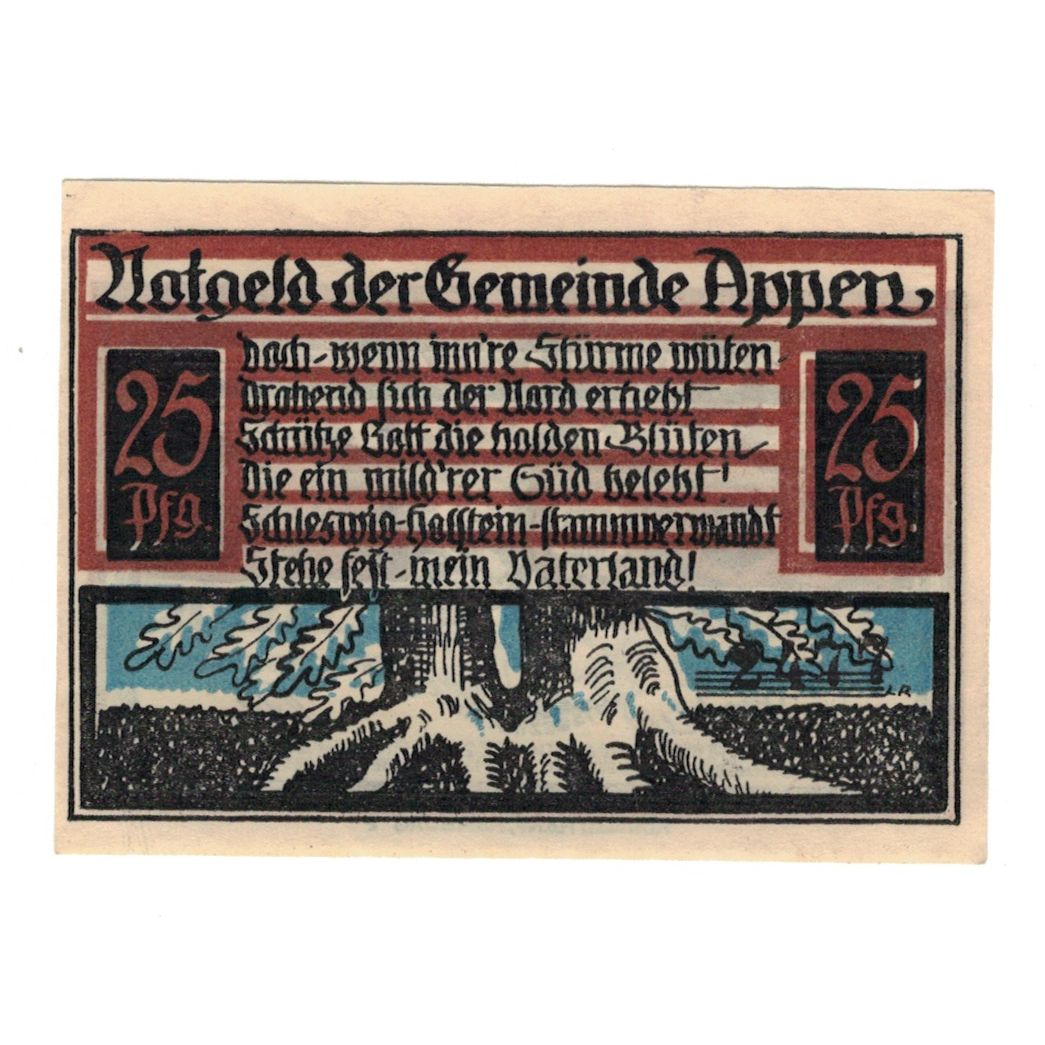 Banknot, Niemcy, Appen Gemeinde, 25 Pfennig, Blason, 1921, AU(55-58), Mehl:39.1