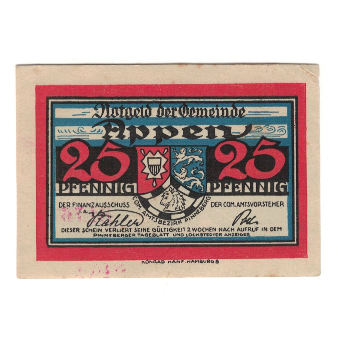 Banconote, Germania, Appen Gemeinde, 25 Pfennig, Blason 1, 1921, SPL-, Mehl:39.1