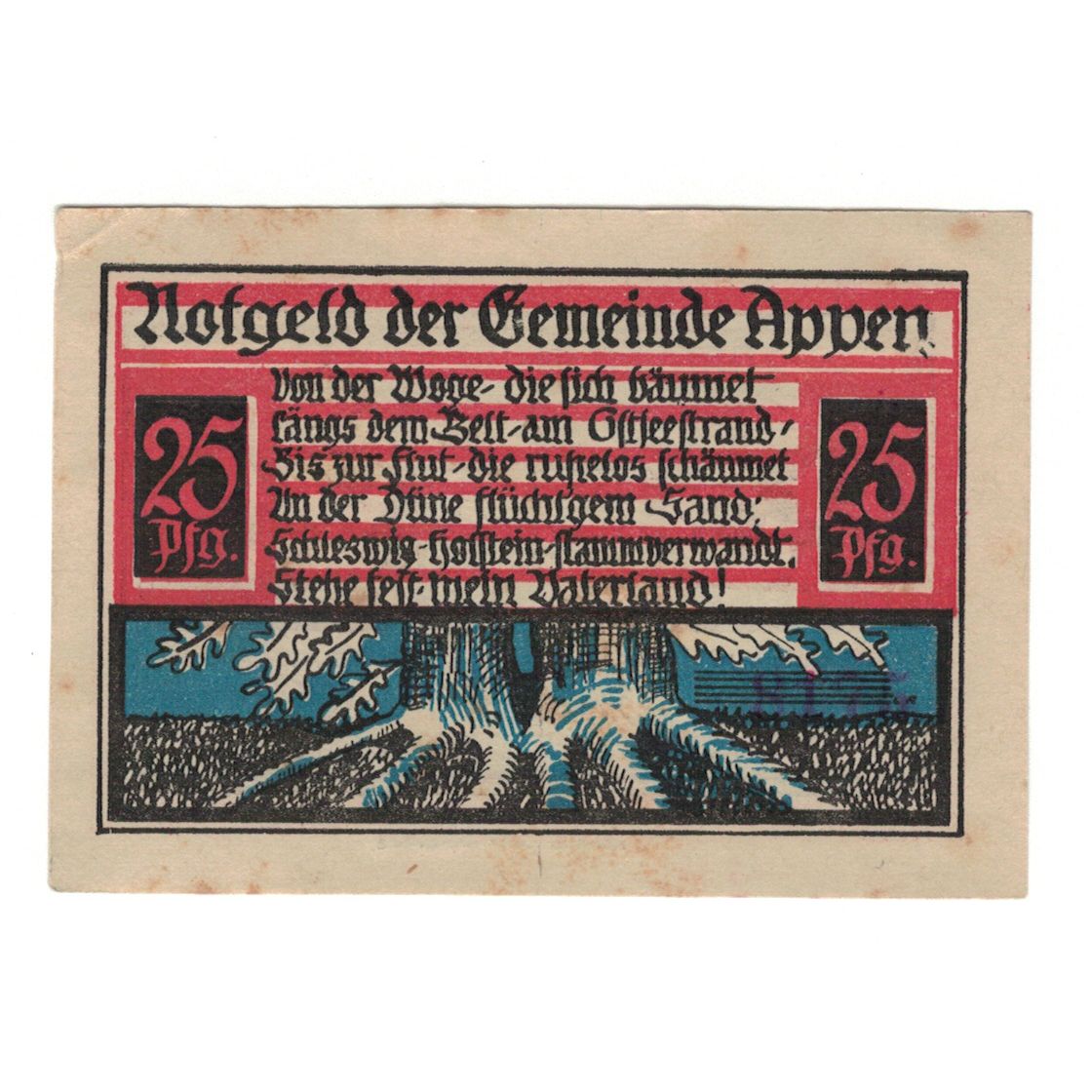 Banconote, Germania, Appen Gemeinde, 25 Pfennig, Blason 1, 1921, SPL-, Mehl:39.1