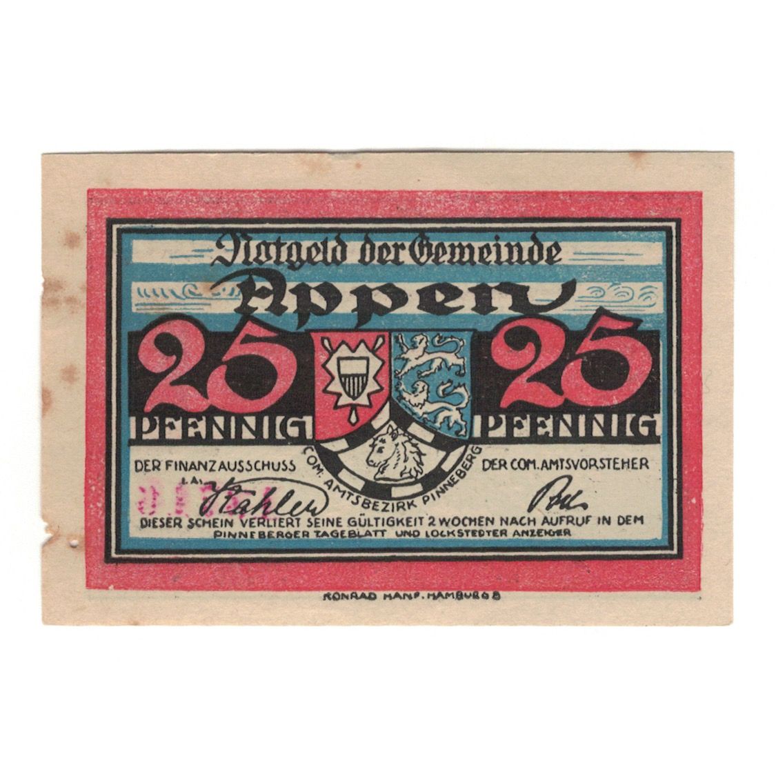 Banknote, Germany, Appen Gemeinde, 25 Pfennig, Blason 2, 1921, AU(55-58)
