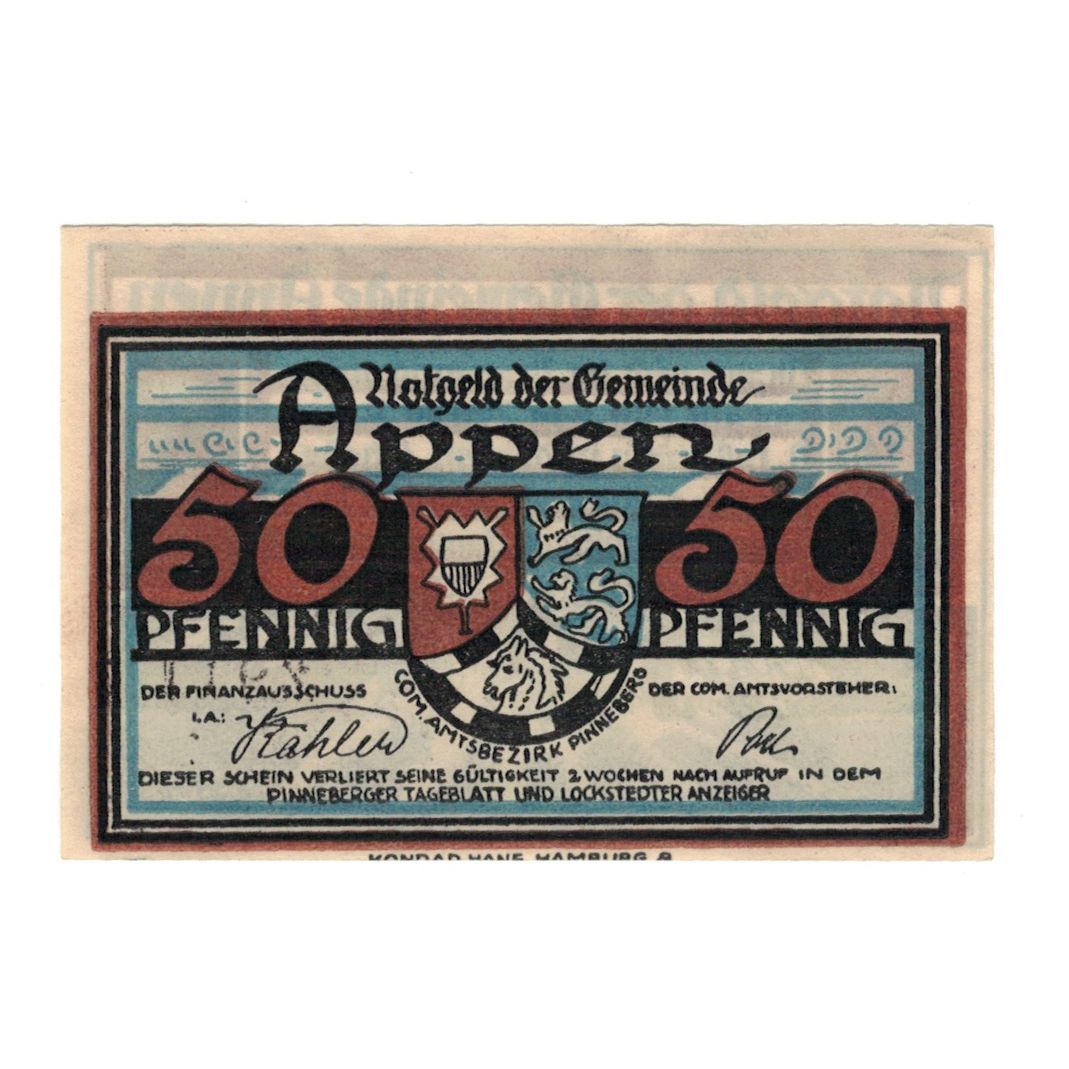 Banknot, Niemcy, Appen Gemeinde, 50 Pfennig, Blason 2, 1921, AU(55-58)