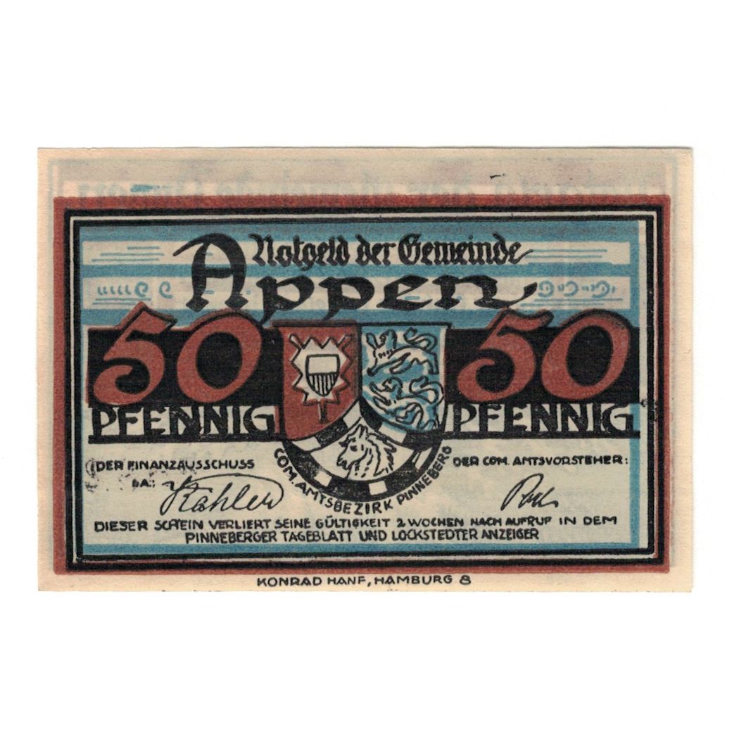 Banknote, Germany, Appen Gemeinde, 50 Pfennig, Blason 3, 1921, AU(55-58)