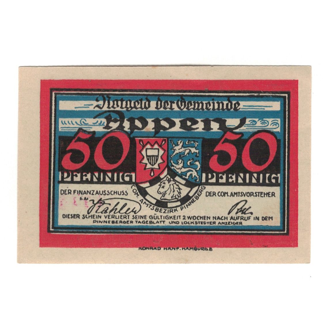 Banknote, Germany, Appen Gemeinde, 50 Pfennig, Blason 4, 1921, AU(55-58)