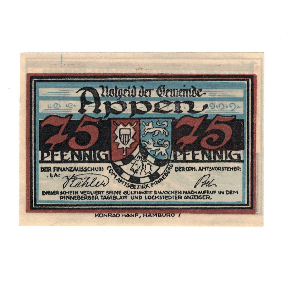 Banknot, Niemcy, Appen Gemeinde, 75 Pfennig, Blason, 1921, AU(55-58), Mehl:39.1