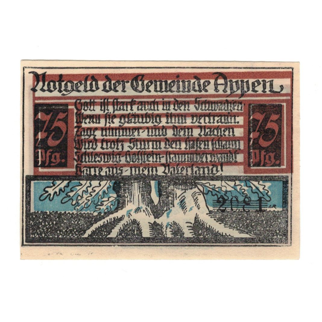 Banknot, Niemcy, Appen Gemeinde, 75 Pfennig, Blason, 1921, AU(55-58), Mehl:39.1