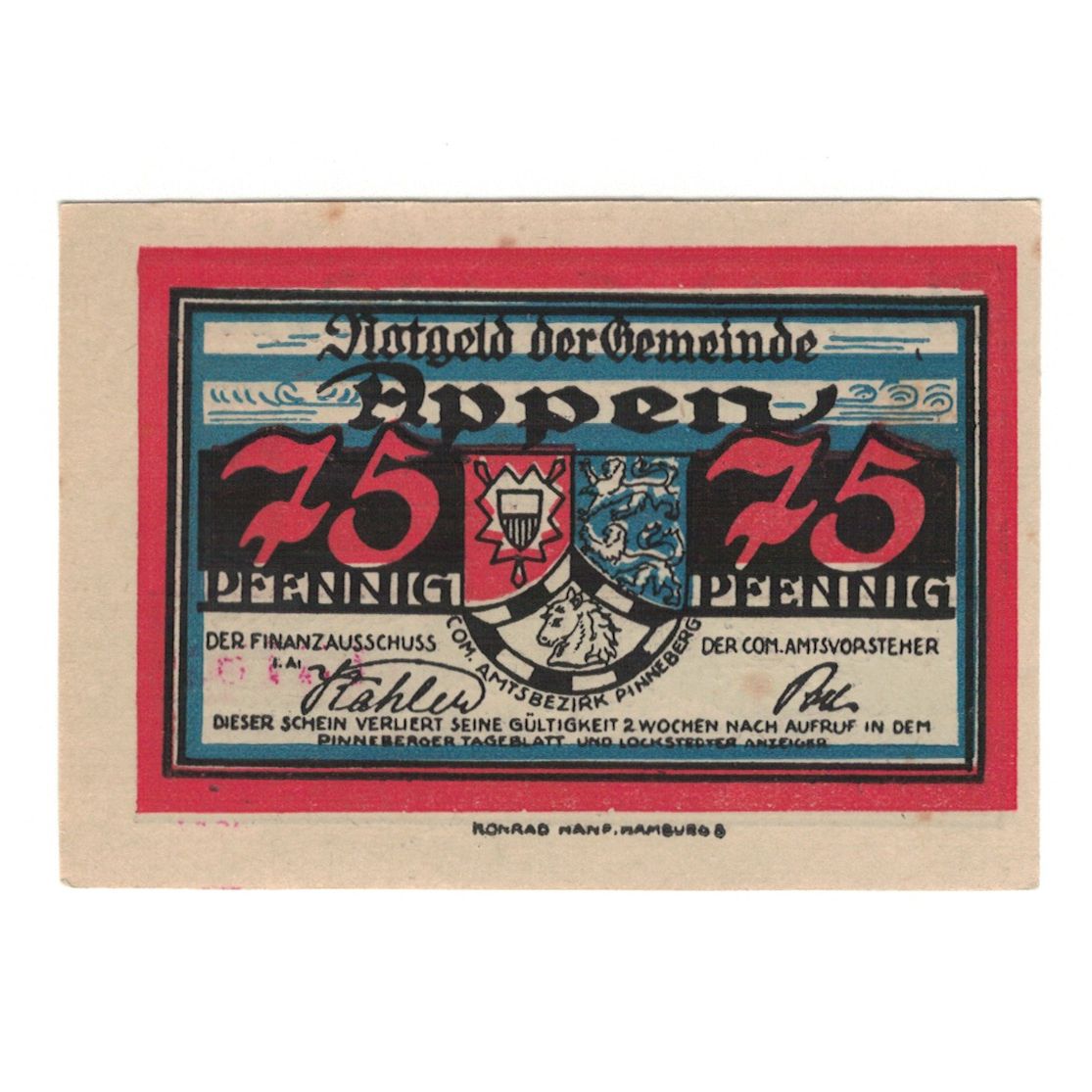 Banknot, Niemcy, Appen Gemeinde, 75 Pfennig, Blason 1, 1921, AU(55-58)