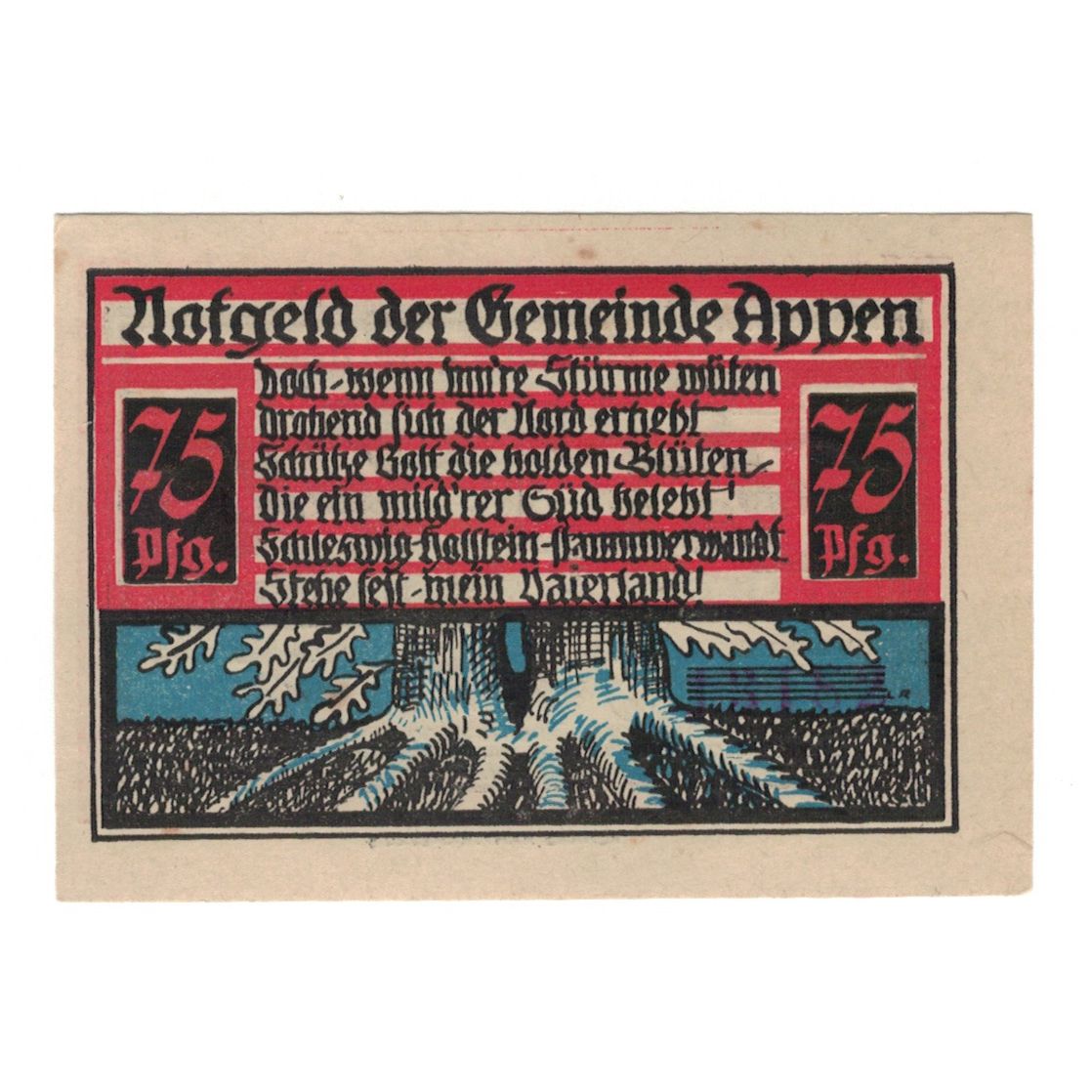Banknot, Niemcy, Appen Gemeinde, 75 Pfennig, Blason 1, 1921, AU(55-58)