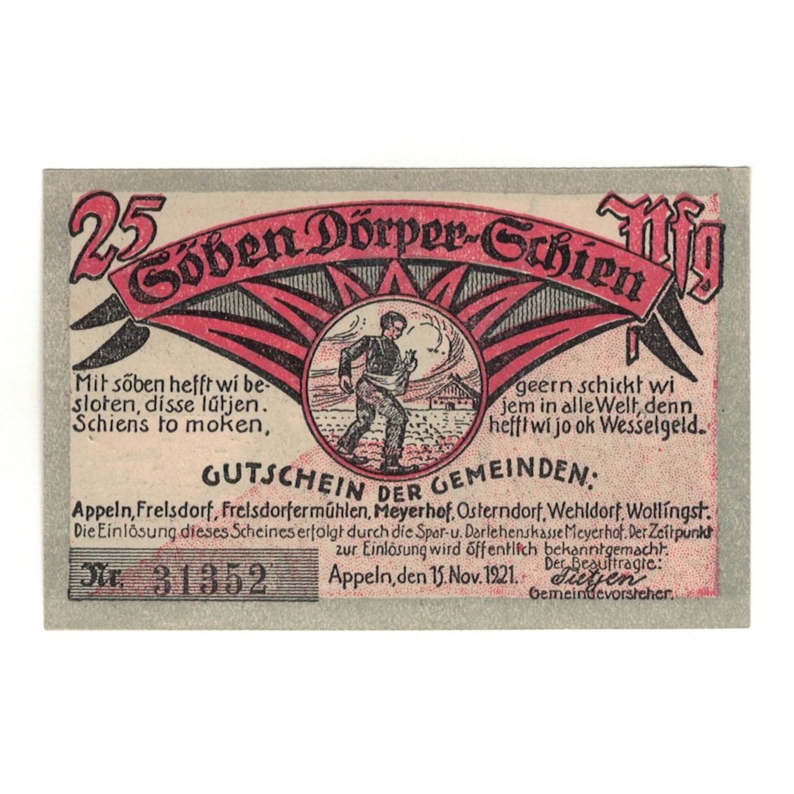 Banknote, Germany, Appeln, 25 Pfennig, personnage, 1921, 1921-11-15, AU(55-58)