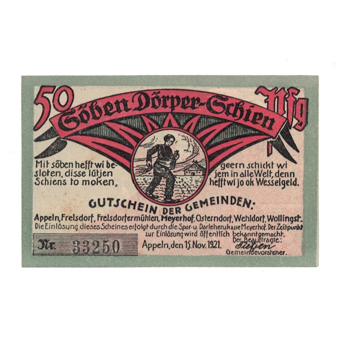 Banconote, Germania, Appeln, 50 Pfennig, personnage, 1921, 1921-11-15, SPL-