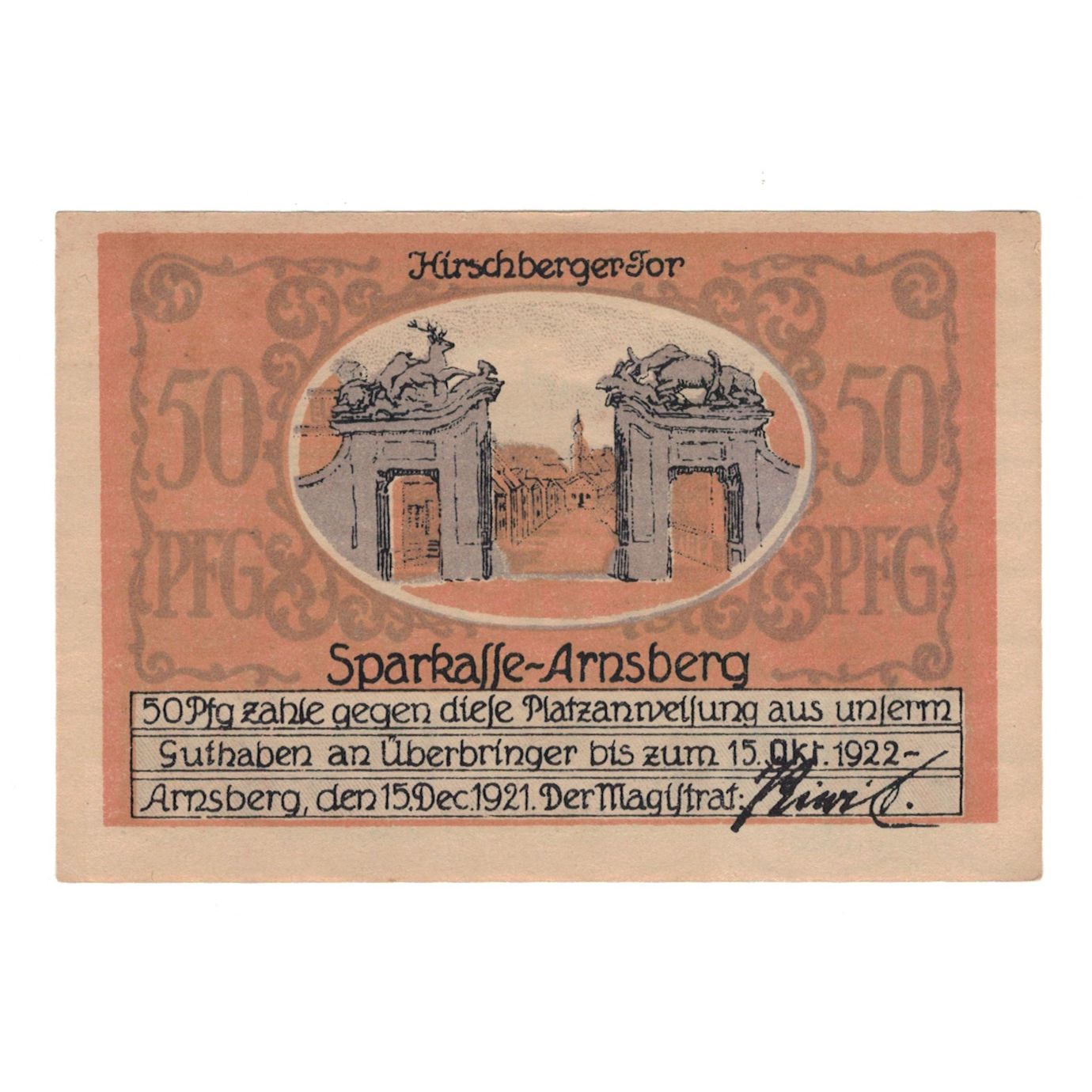 Banconote, Germania, Arnsberg Stadt, 50 Pfennig, paysage, 1921, 1921-12-15