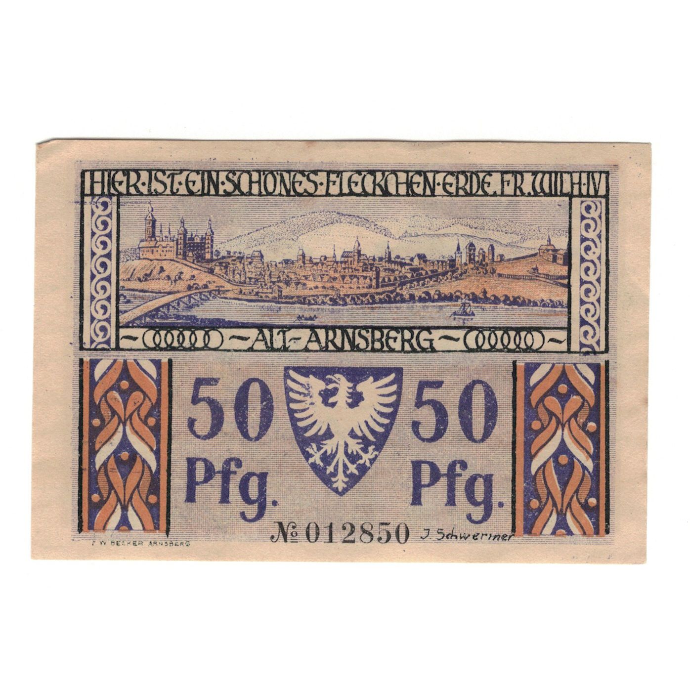 Banconote, Germania, Arnsberg Stadt, 50 Pfennig, Monument, 1921, 1921-12-15