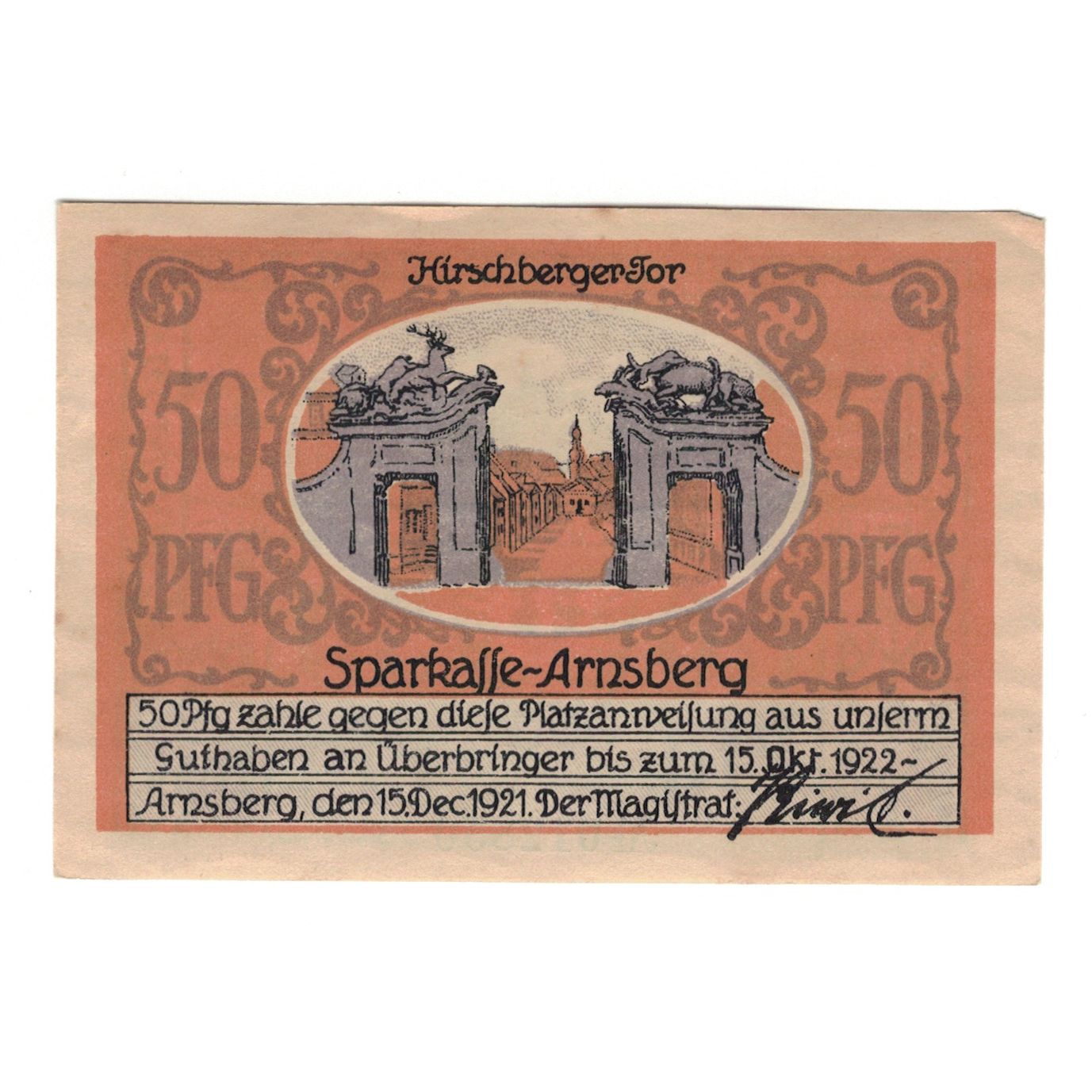 Banconote, Germania, Arnsberg Stadt, 50 Pfennig, Monument, 1921, 1921-12-15