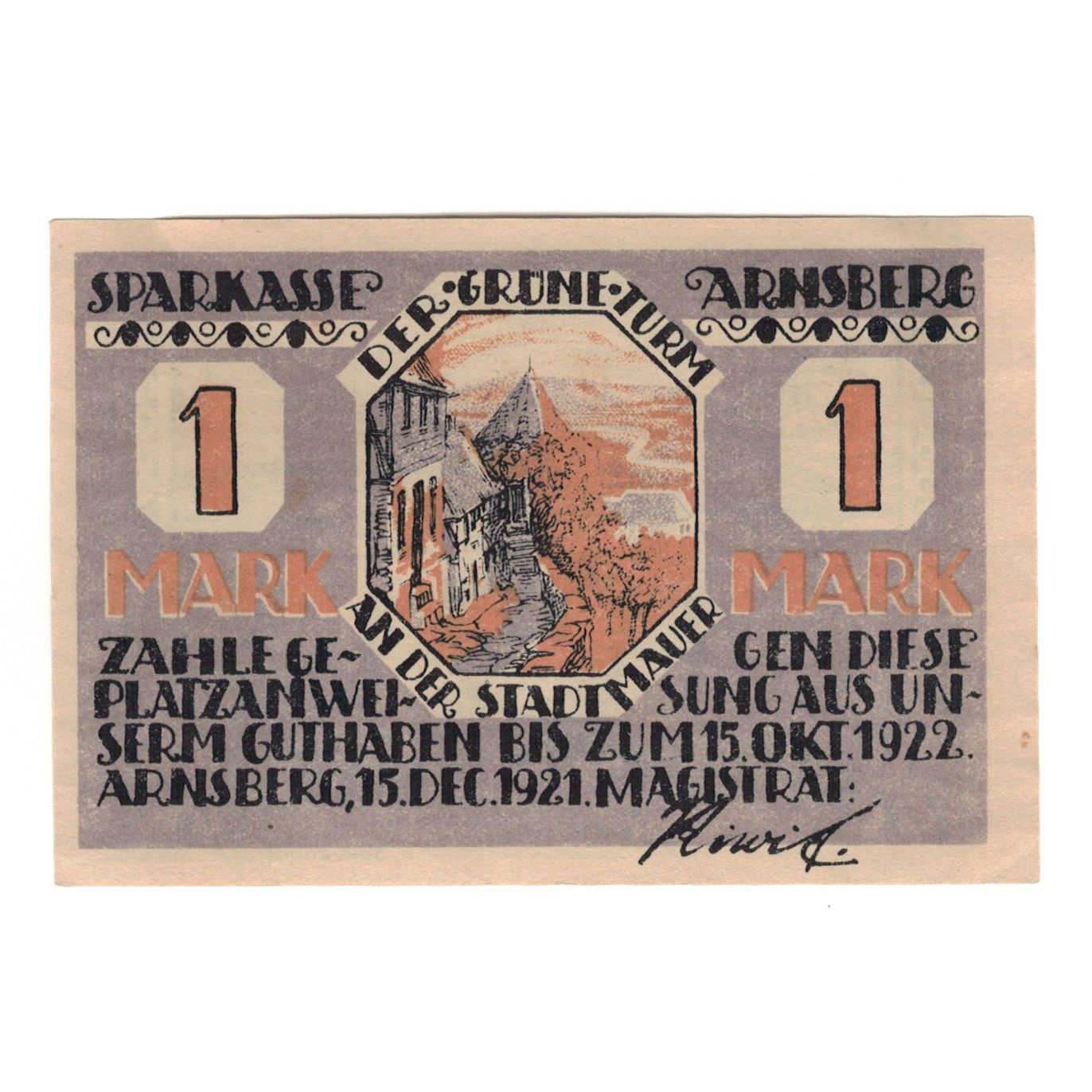 Banknote, Germany, Arnsberg Stadt, 1 Mark, Monument, 1921, 1921-12-15