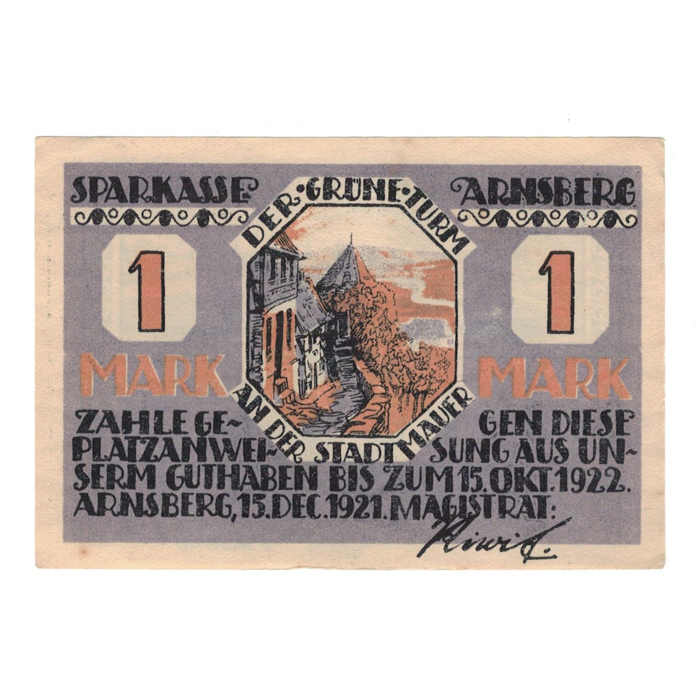 Banknote, Germany, Arnsberg Stadt, 1 Mark, village, 1921, 1921-12-15, AU(55-58)