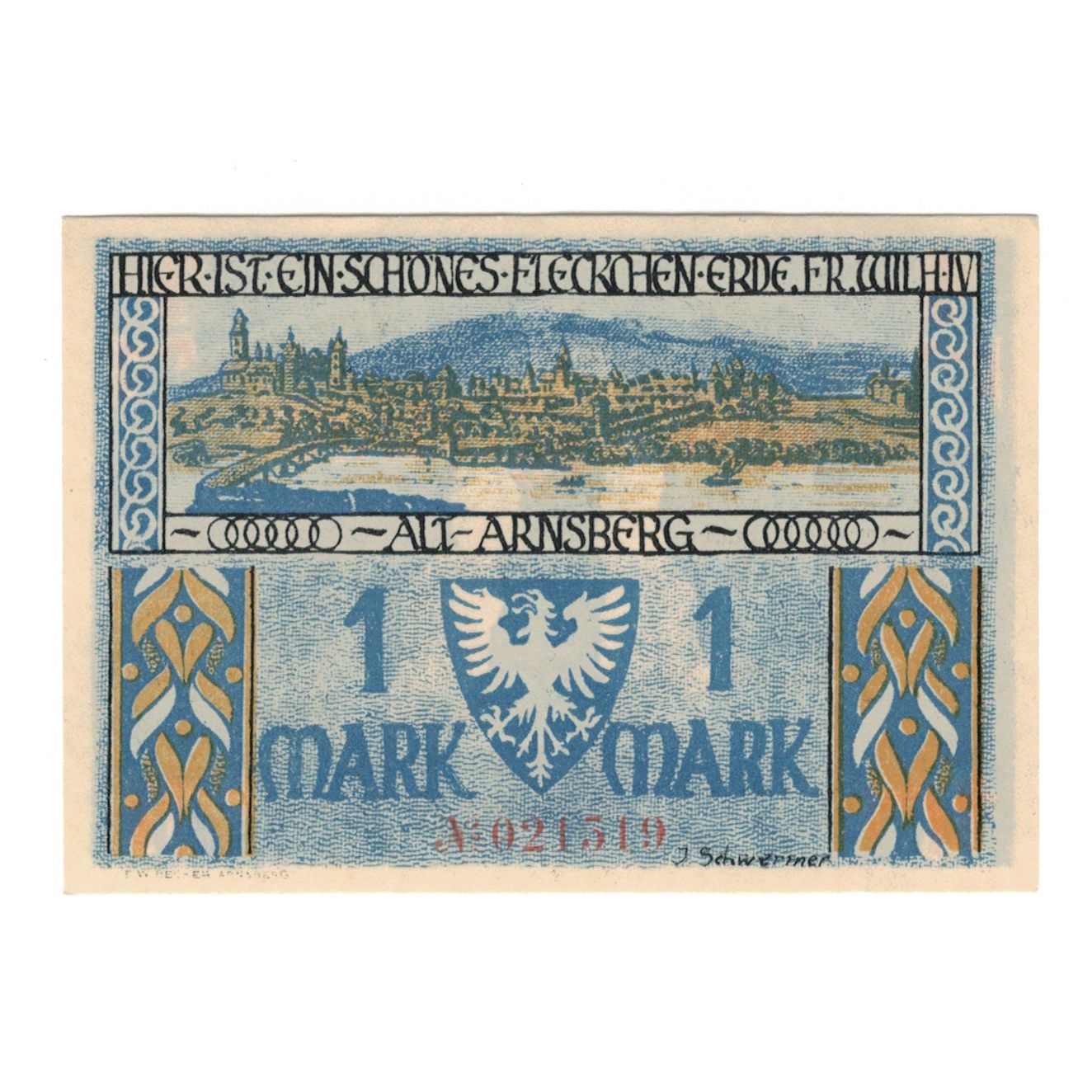 Billet, Allemagne, Arnsberg Stadt, 1 Mark, statue, 1921, 1921-12-15, SUP