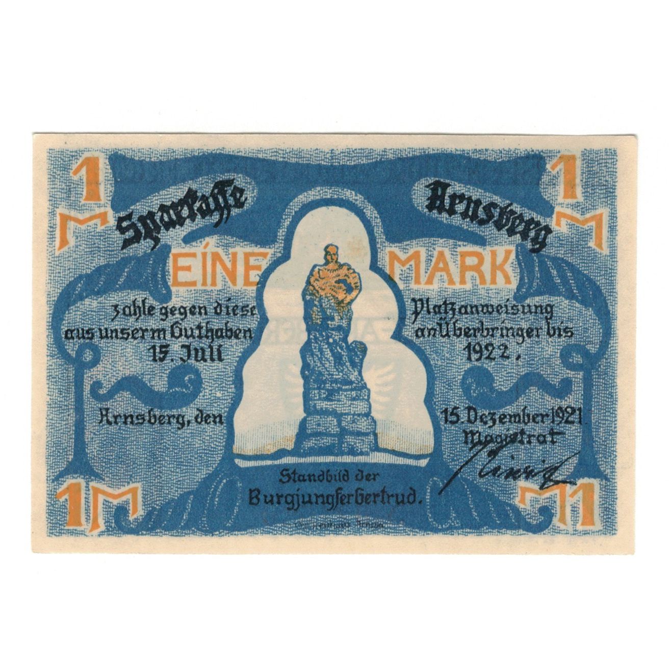 Billet, Allemagne, Arnsberg Stadt, 1 Mark, statue, 1921, 1921-12-15, SUP