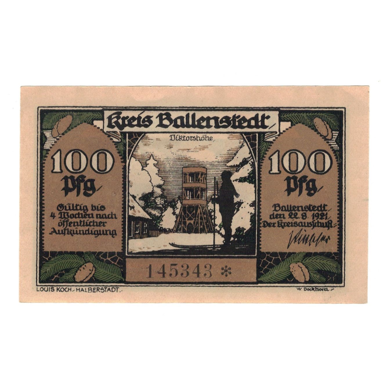 Banconote, Germania, Ballerstedt, 100 Pfennig, tour, 1921, 1921-08-22, SPL-