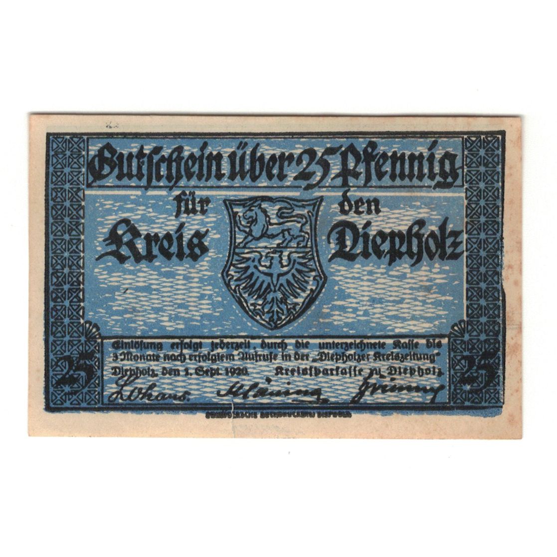 Banknote, Germany, Diepholz Kreis, 25 Pfennig, Blason, 1920, 1920-09-01