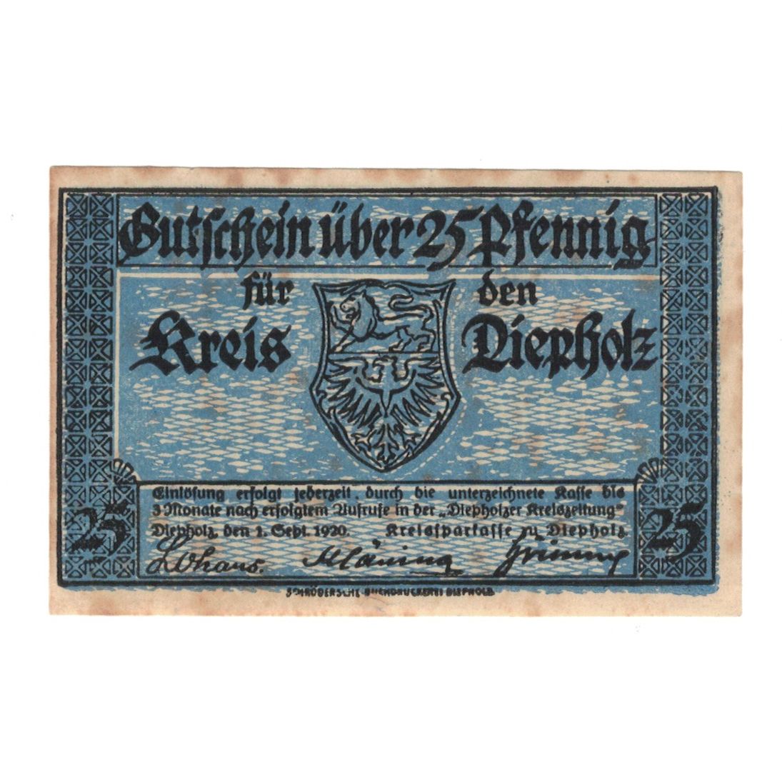 Geldschein, Deutschland, Diepholz Kreis, 25 Pfennig, Blason 1, 1920, 1920-09-01