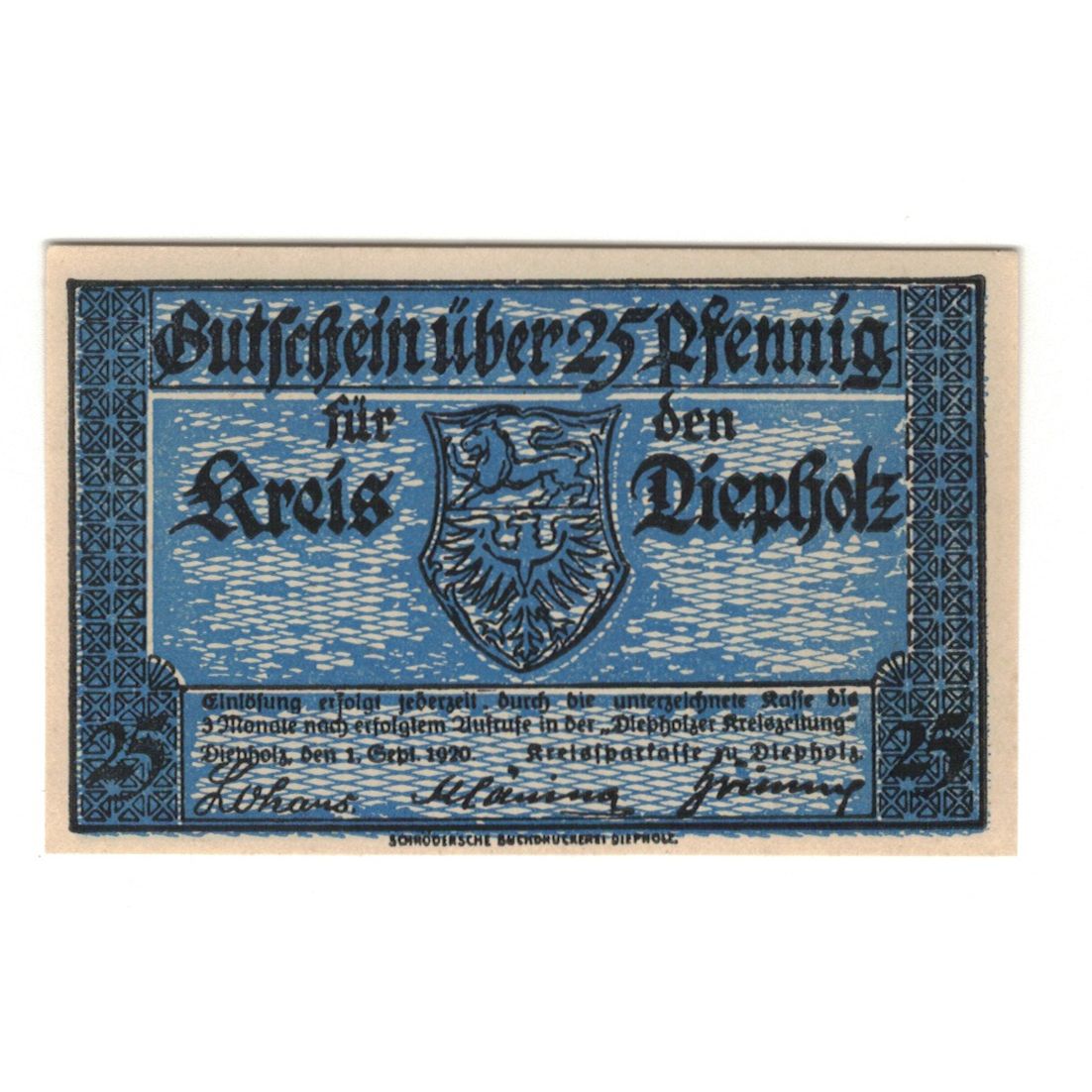Banknot, Niemcy, Diepholz Kreis, 25 Pfennig, Blason 2, 1920, 1920-09-01