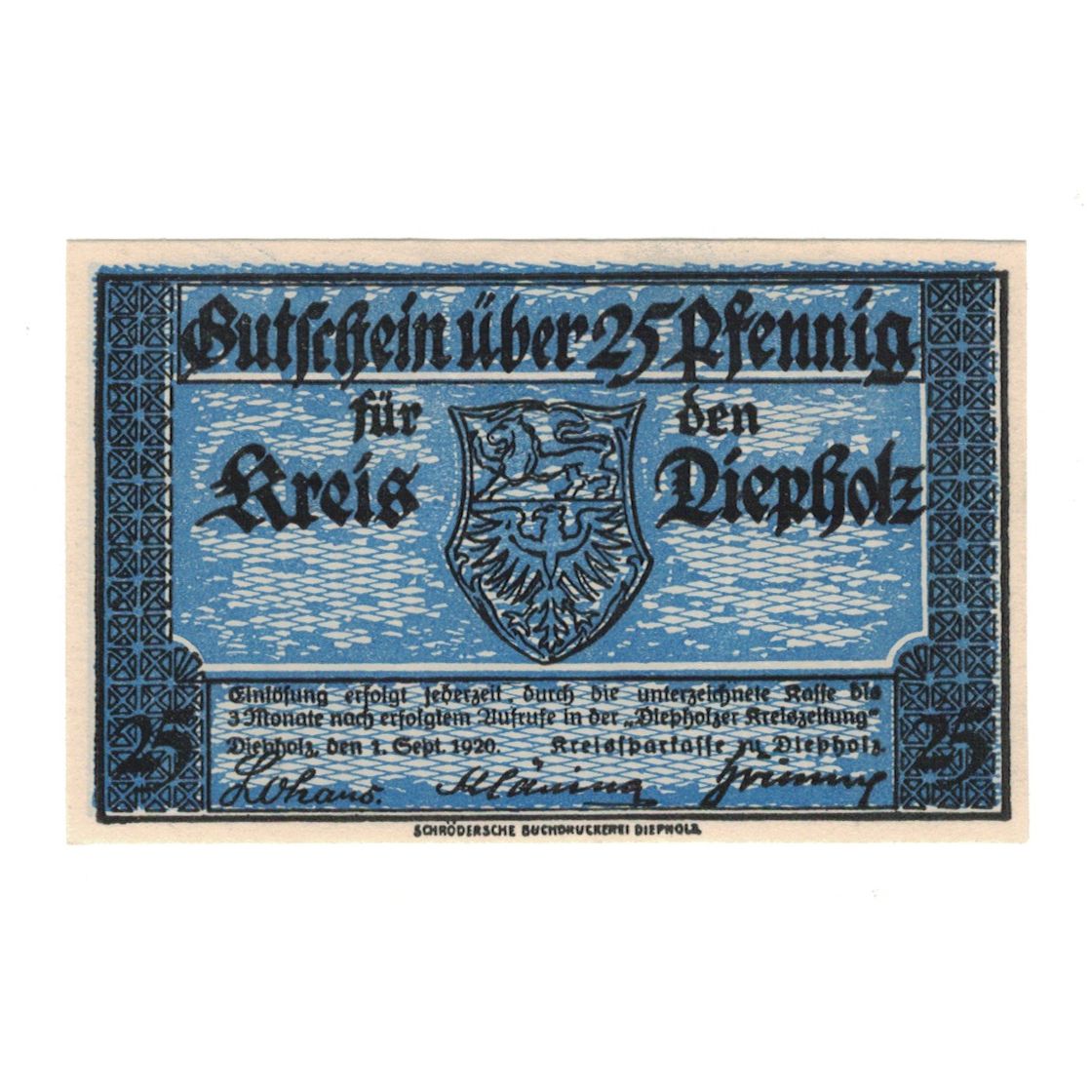 Banknot, Niemcy, Diepholz Kreis, 25 Pfennig, Blason 4, 1920, 1920-09-01
