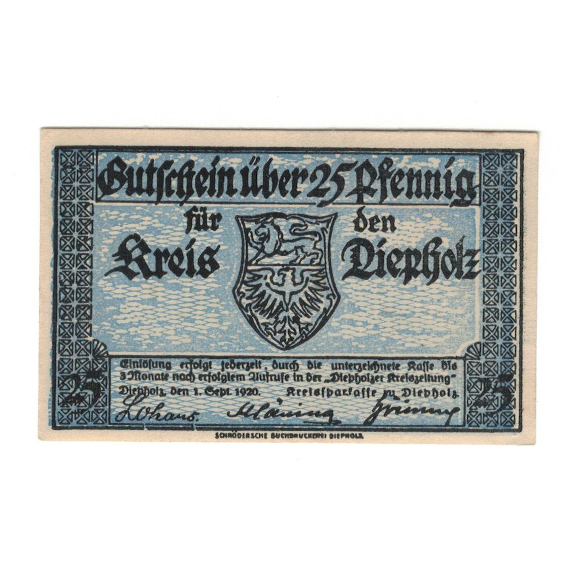 Banknote, Germany, Diepholz Kreis, 25 Pfennig, Blason 5, 1920, 1920-09-01