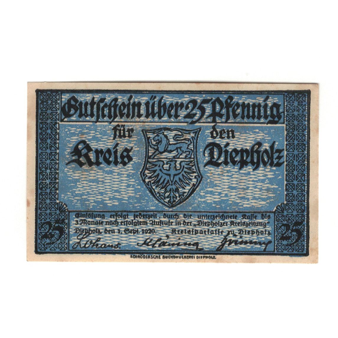 Banknot, Niemcy, Diepholz Kreis, 25 Pfennig, Blason 6, 1920, 1920-09-01