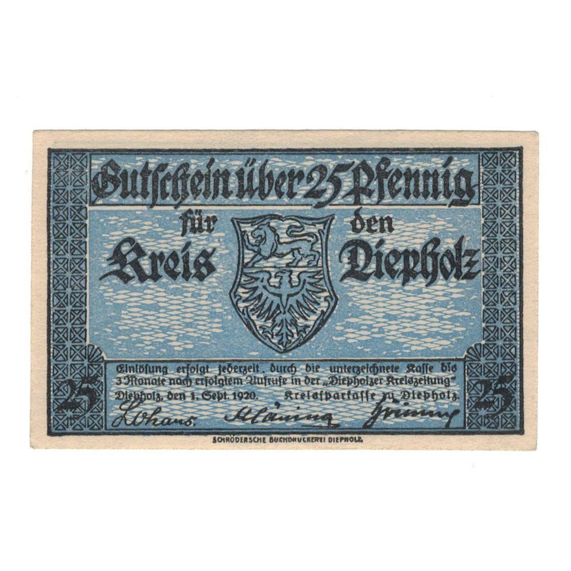 Banknot, Niemcy, Diepholz Kreis, 25 Pfennig, Blason 7, 1920, 1920-09-01