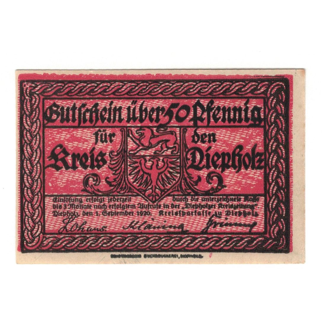 Geldschein, Deutschland, Diepholz Kreis, 50 Pfennig, Blason, 1920, 1920-09-01