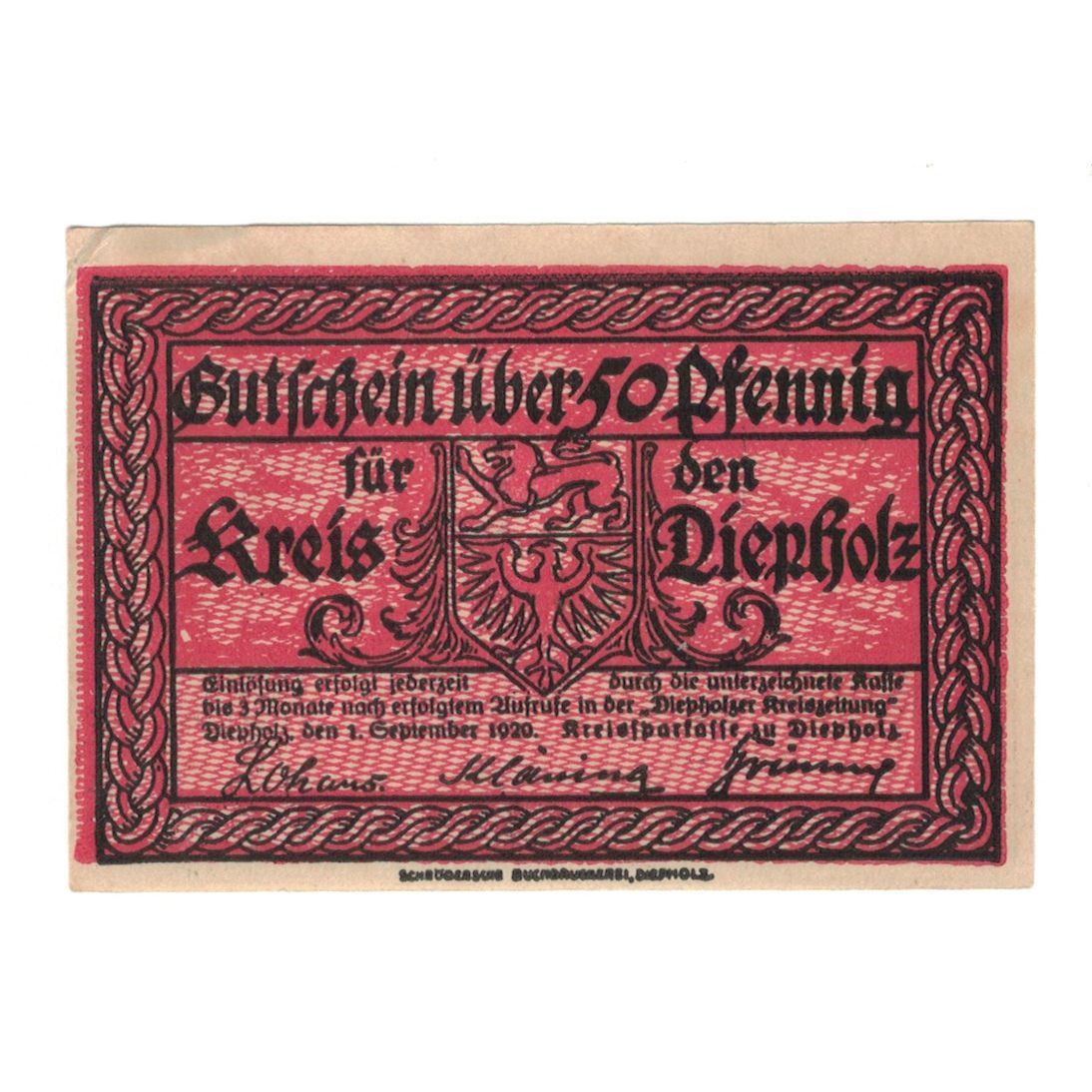 Banknote, Germany, Diepholz Kreis, 50 Pfennig, Blason 2, 1920, 1920-09-01