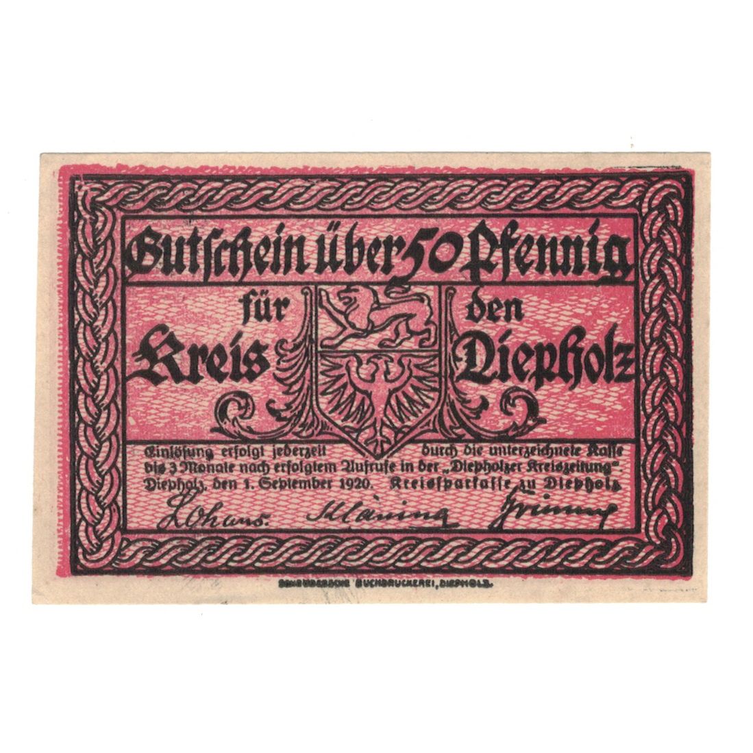 Geldschein, Deutschland, Diepholz Kreis, 50 Pfennig, Blason 5, 1920, 1920-09-01