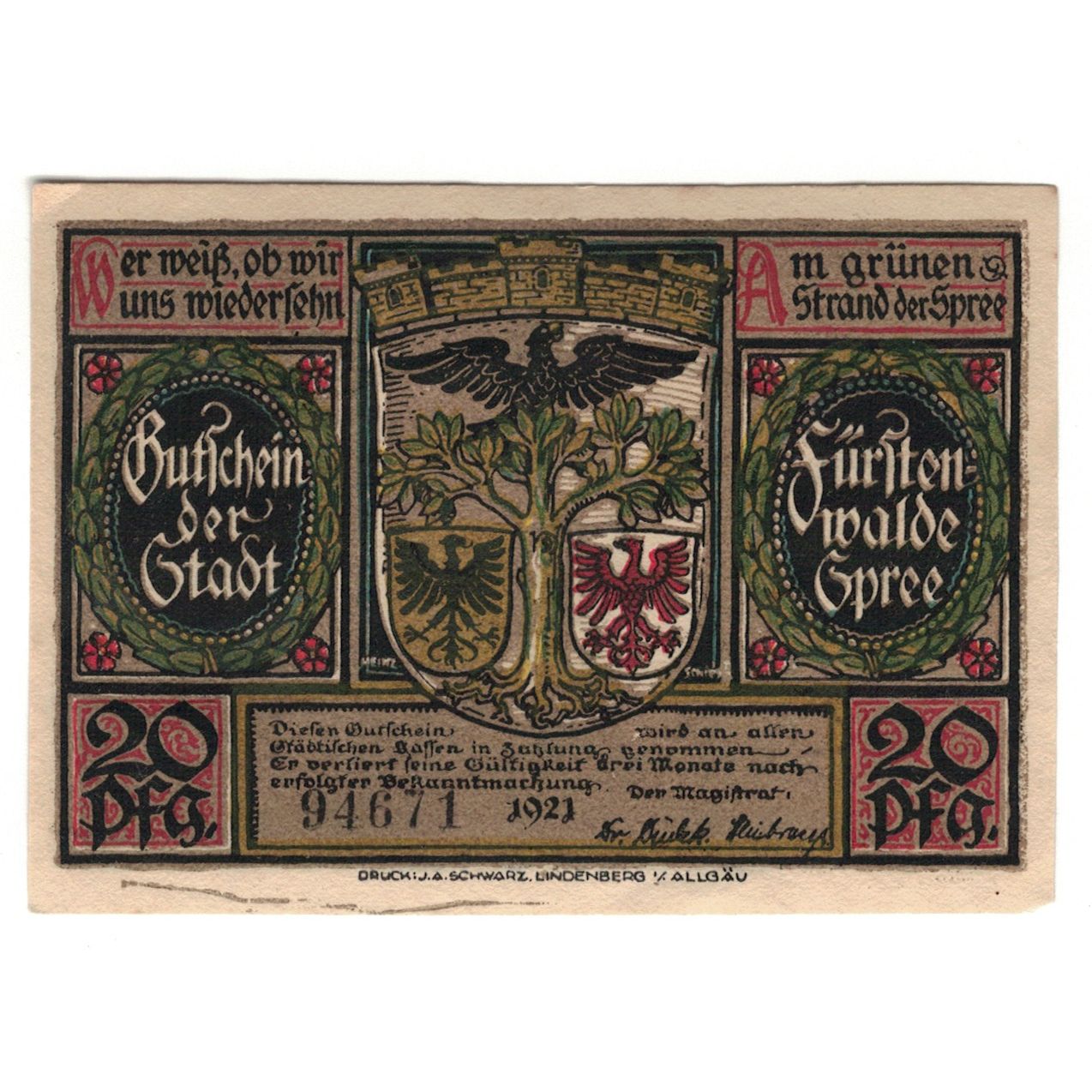 Banknot, Niemcy, Fürstenwalde Stadt, 20 Pfennig, personnage, 1921, AU(55-58)
