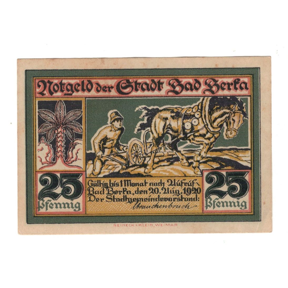 Banknot, Niemcy, Berka Bad Stadt, 25 Pfennig, cheval, 1920, 1920-08-20