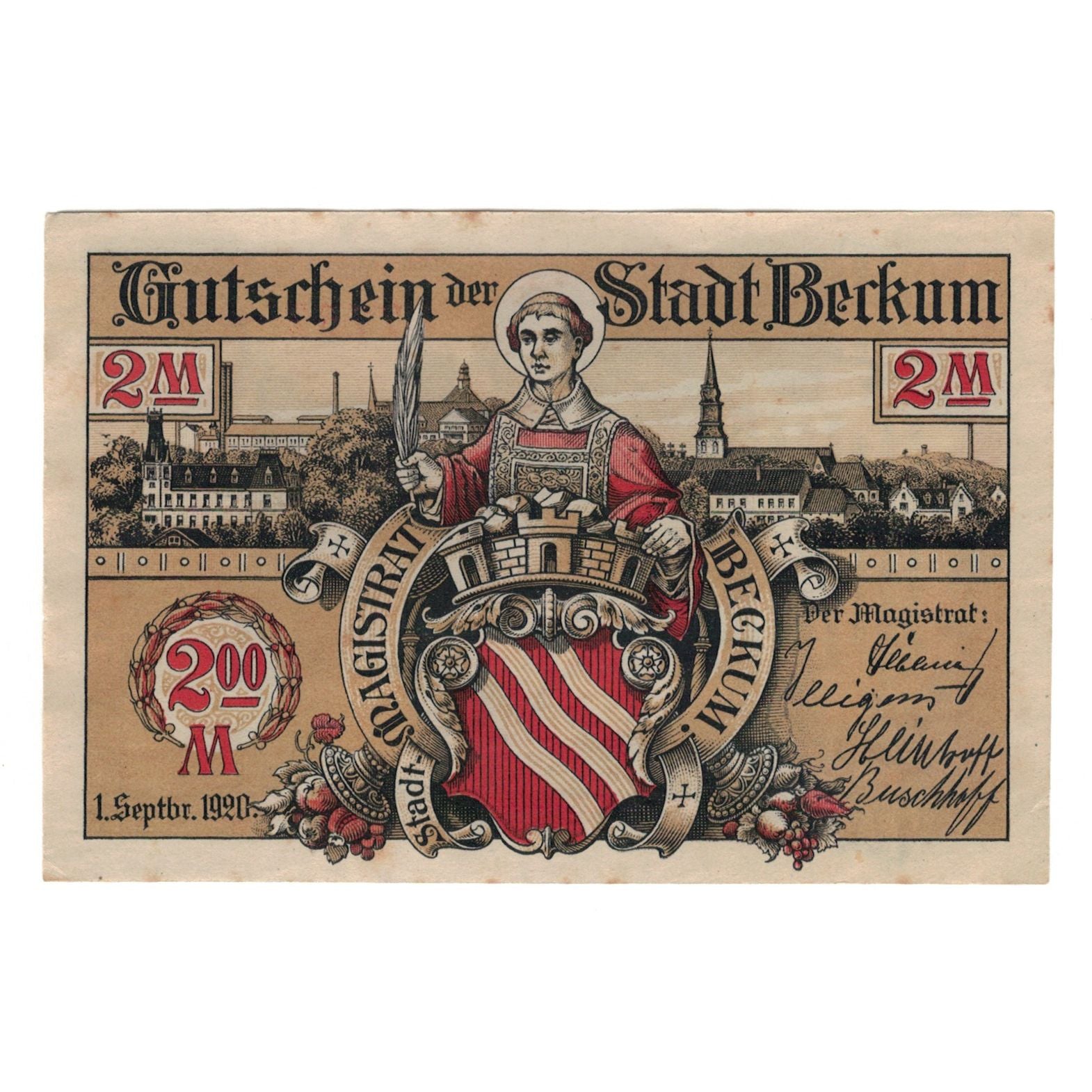 Banknot, Niemcy, Beckum Stadt, 2 Mark, personnage, 1920, 1920-09-01, AU(55-58)