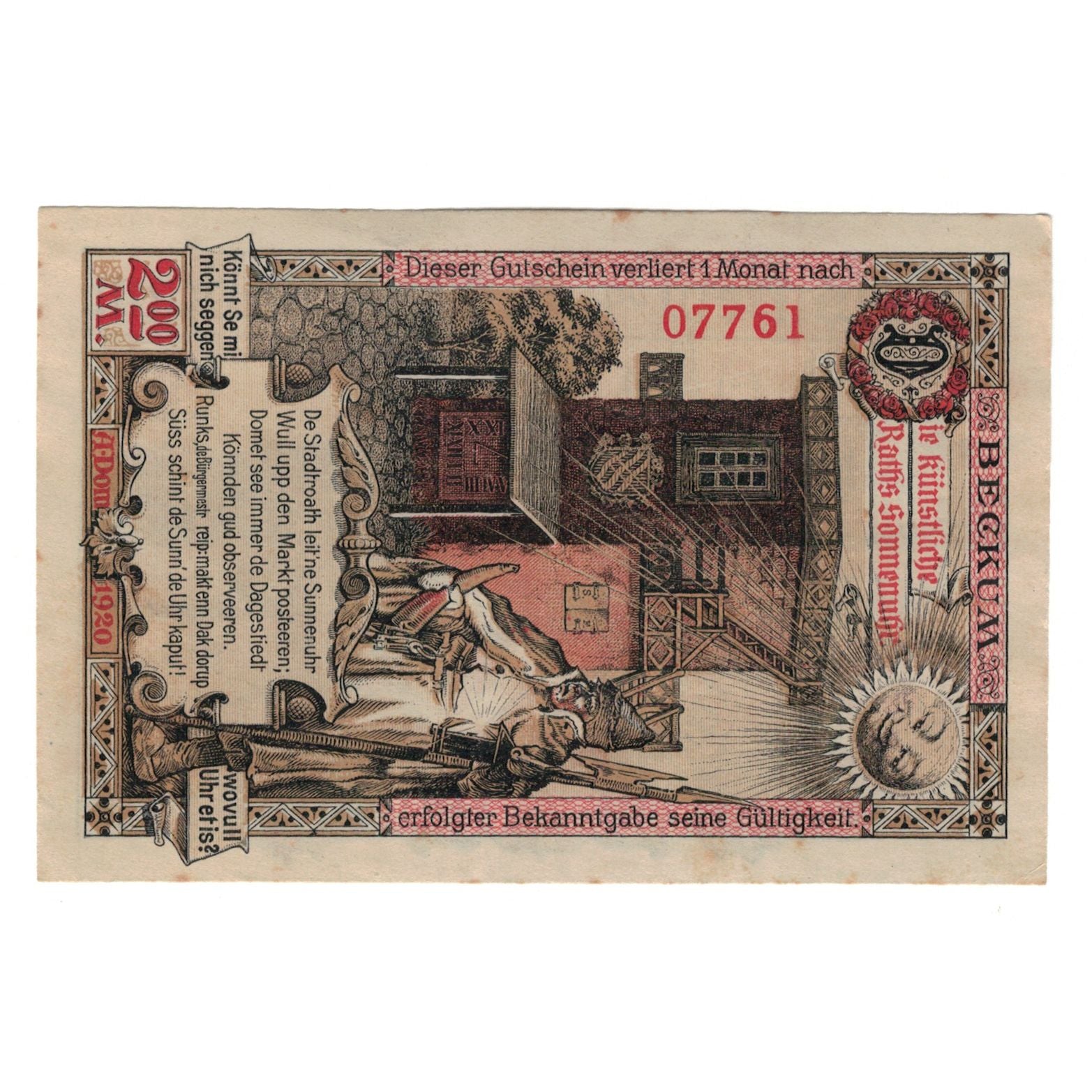 Banknot, Niemcy, Beckum Stadt, 2 Mark, personnage, 1920, 1920-09-01, AU(55-58)