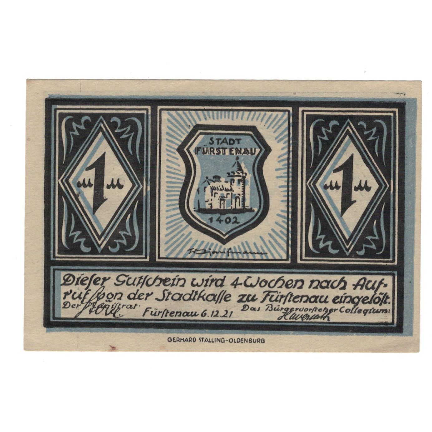 Banknot, Niemcy, Fürstenau Stadt, 1 Mark, paysage, 1921, 1921-12-06, AU(55-58)