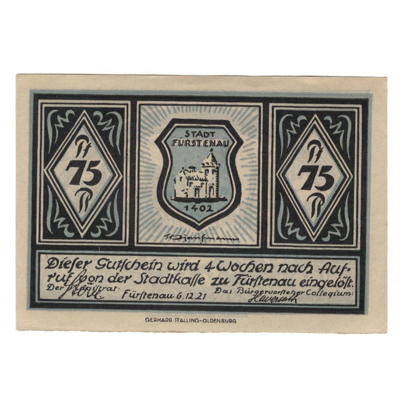 Banknote, Germany, Fürstenau Stadt, 75 Pfennig, paysage, 1921, 1921-12-06