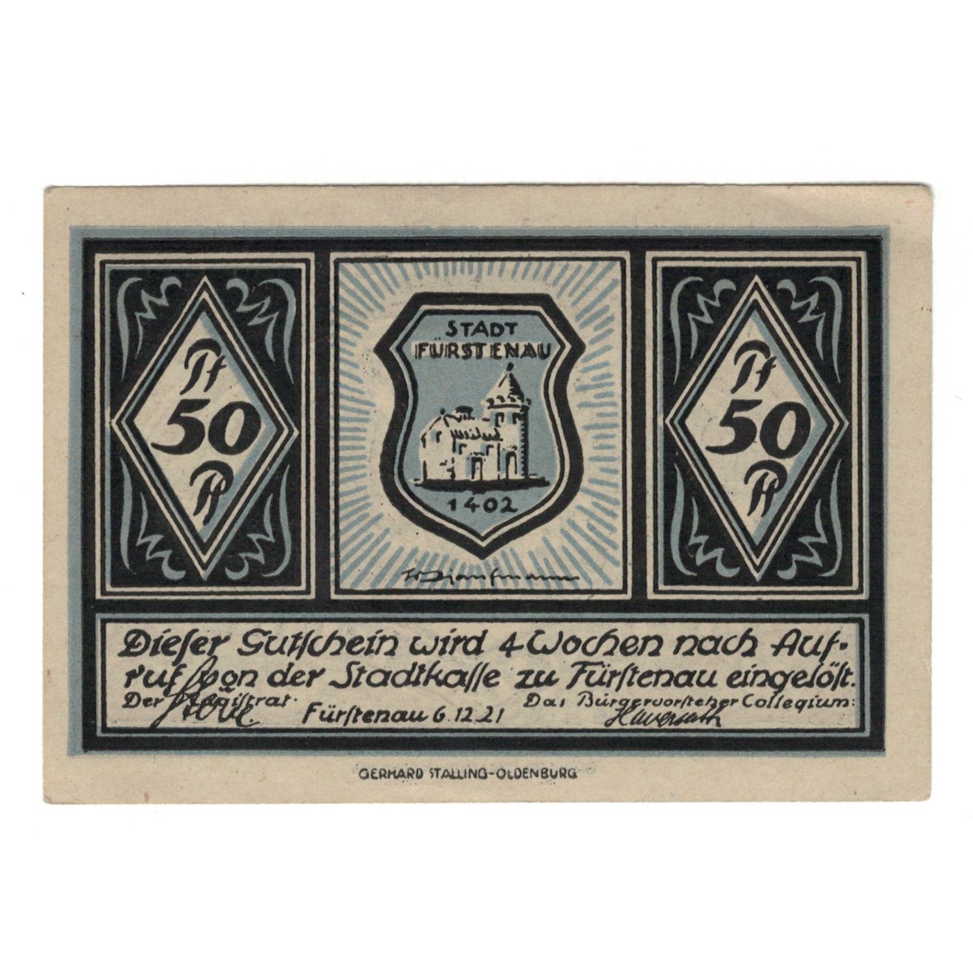 Banknot, Niemcy, Fürstenau Stadt, 50 Pfennig, paysage, 1921, 1921-12-06