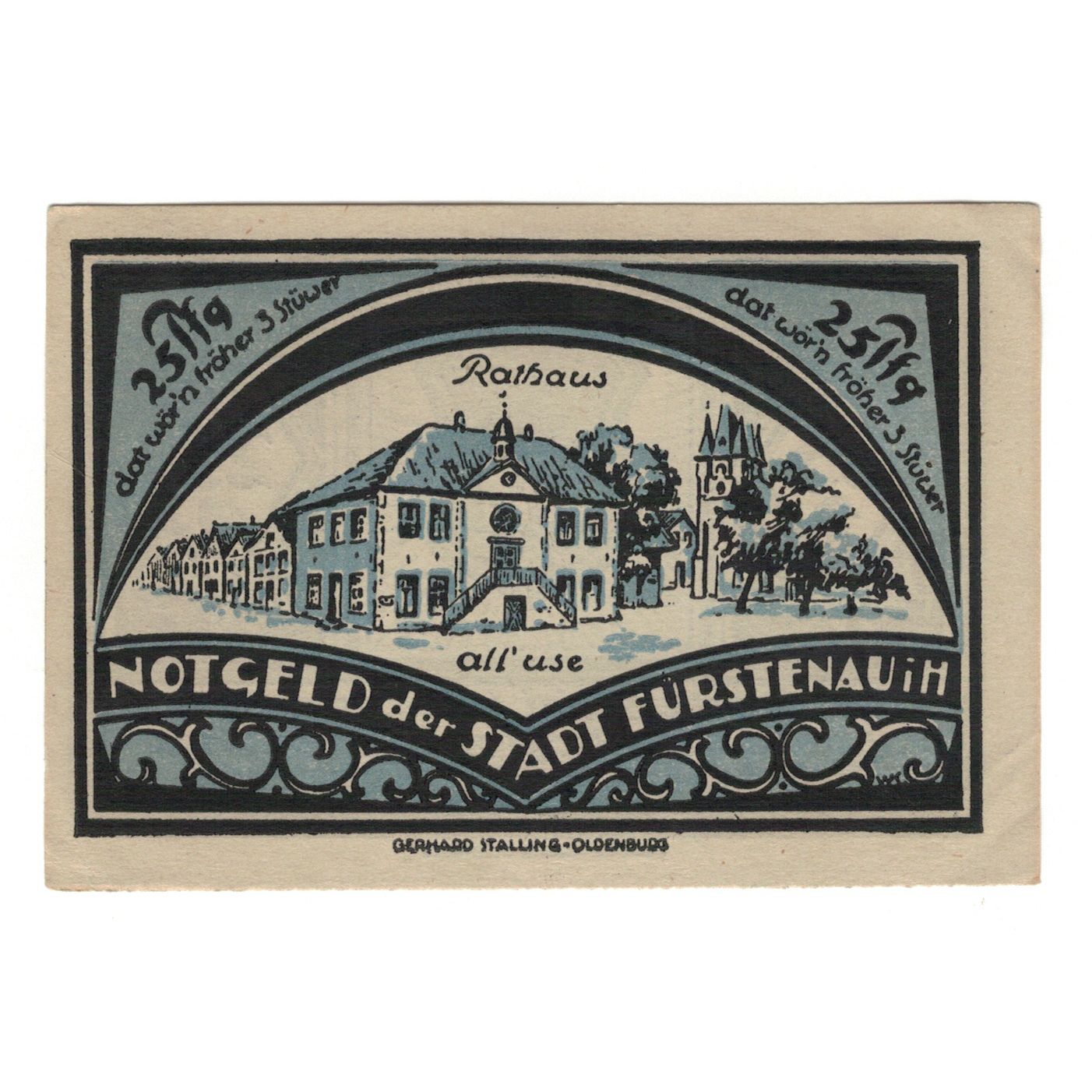 Banknot, Niemcy, Fürstenau Stadt, 25 Pfennig, paysage, 1921, 1921-12-06