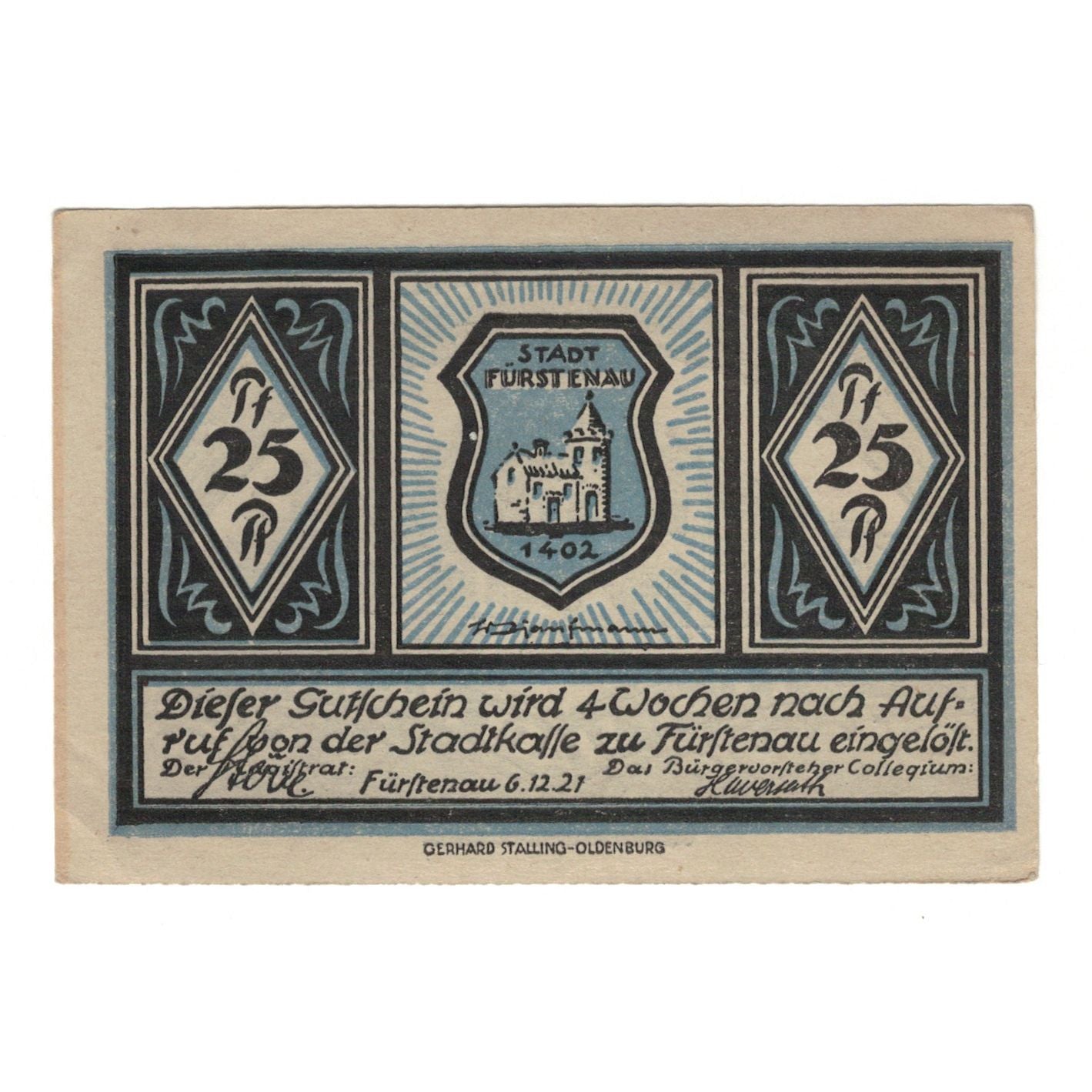 Banknot, Niemcy, Fürstenau Stadt, 25 Pfennig, paysage, 1921, 1921-12-06