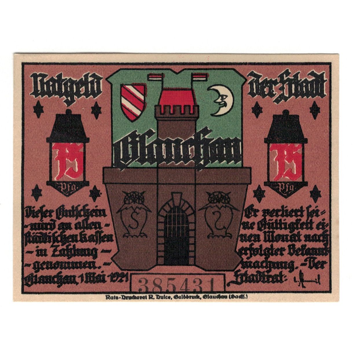 Banknot, Niemcy, Glauchau Stadt, 50 Pfennig, personnage, 1921, 1921-05-01
