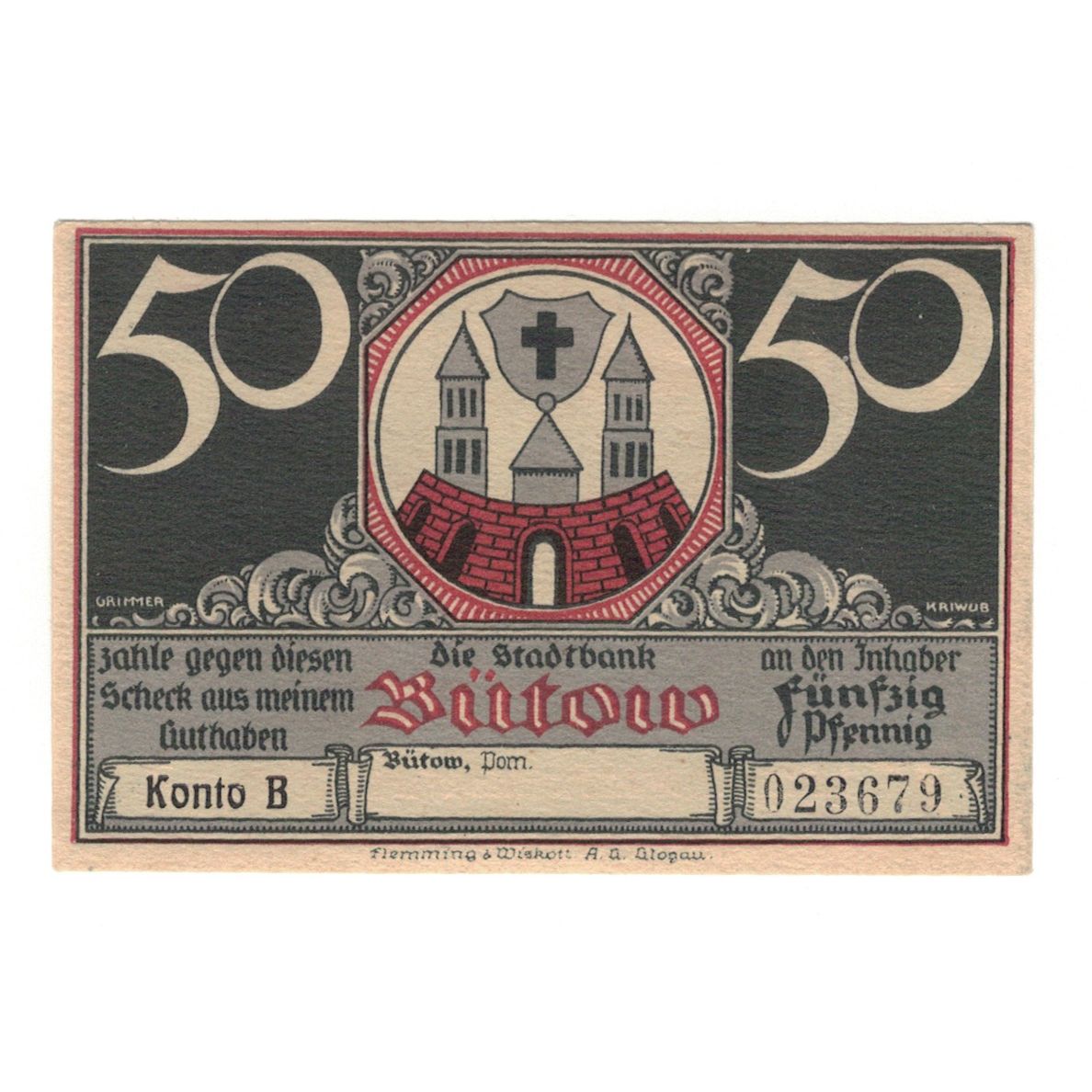 Geldschein, Deutschland, Bütow, 50 Pfennig, personnage, 1922, VZ+, Mehl:204.1b