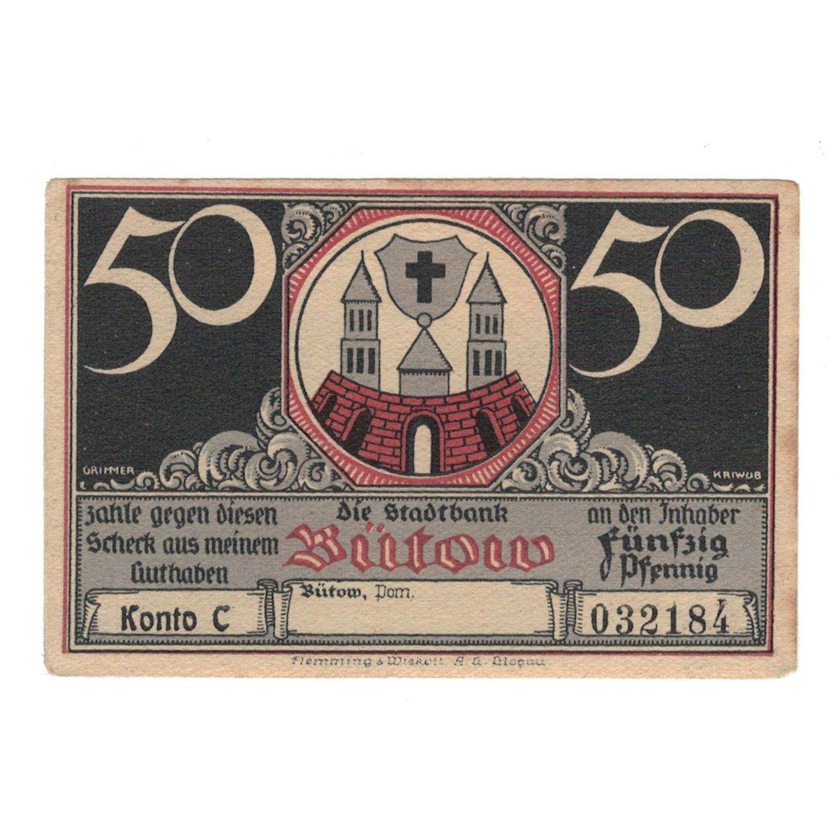Banknot, Niemcy, Bütow, 50 Pfennig, personnage 1, 1922, UNC(60-62), Mehl:204.1b