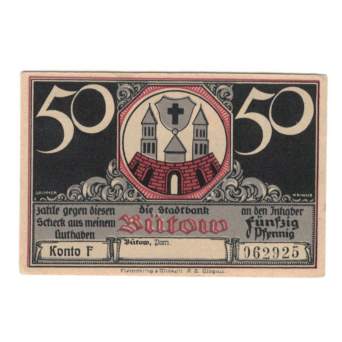 Banknot, Niemcy, Bütow, 50 Pfennig, personnage 2, 1922, UNC(60-62), Mehl:204.1b