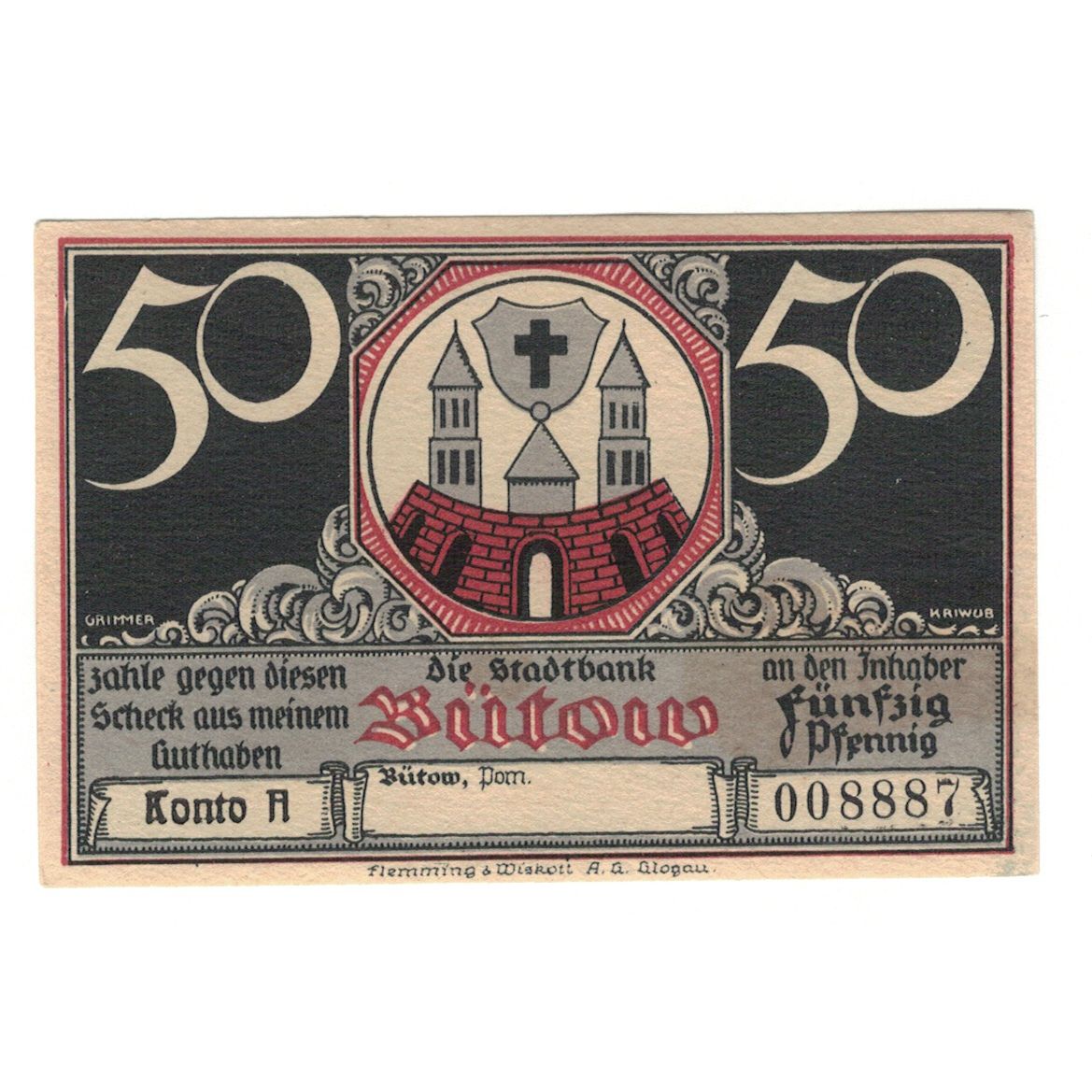 Banknot, Niemcy, Bütow, 50 Pfennig, personnage 3, 1922, UNC(60-62), Mehl:204.1b