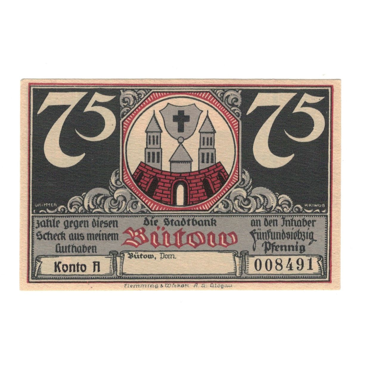 Banknot, Niemcy, Bütow, 75 Pfennig, Maison, 1922, UNC(60-62), Mehl:204.1b