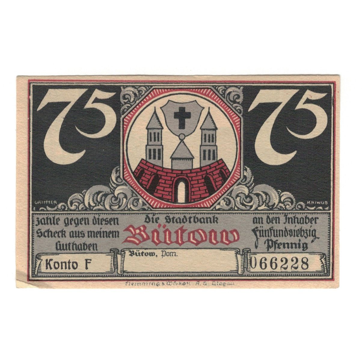 Banknot, Niemcy, Bütow, 75 Pfennig, maison 1, 1922, UNC(60-62), Mehl:204.1b